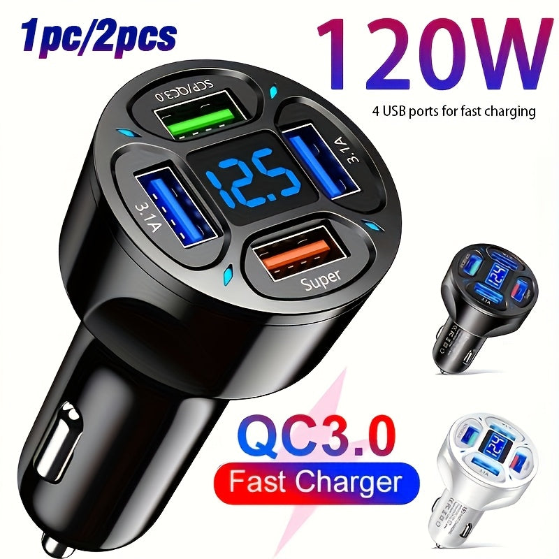 120W New Car Charger with Fast Charging, 4 USB Ports, Digital Display, Ambient Light, One-To-Four PD Phone Charging Head, 7A QC3.0 Car Phone Electronic Additions Adapter for Internal Car Components, Without Battery