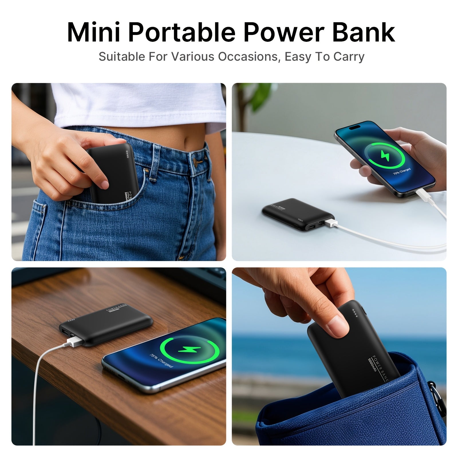 5000mAh Ultra-Thin Portable Power Bank with Dual USB Outputs, Designed for Outdoor Emergency Backup, Suitable for iPhone/Android Mobile Devices And Other Digital ElectronicsIncludes, Includes Type-C Charging Cable, Holiday Gifts