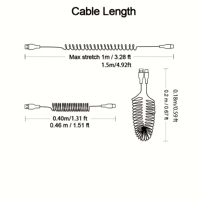 5A 66W USB to Type C Fast Charging Data Cable for Xiaomi Redmi POCO Huawei Honor Samsung OPPO VIVO Realme Mobile Phone Charger Accessories Car USB Charge Cable Spring Telescopic USB C Cord Max Stretch 39.37inch/59.06inch