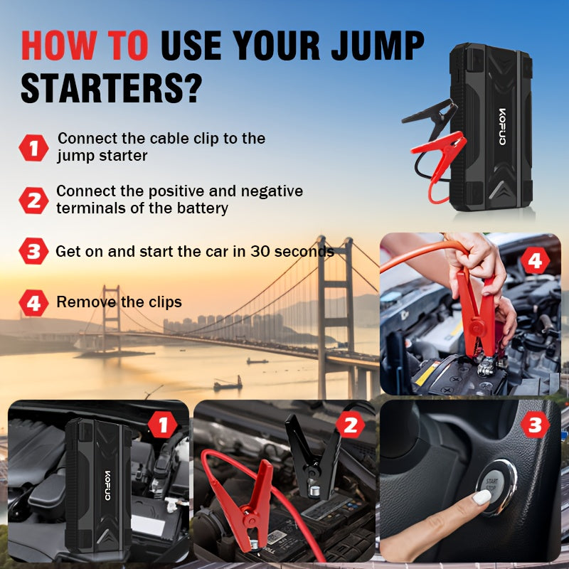 Portable Car Jump Starter Emergency Power Bank - 12V Battery Booster Charger - with Flashlight - for Cars, Motorcycles, SUVs - Safely Jump-Start A Dead Battery In Seconds, Cargador De Bateria De Carro, Christmas Gifts, Black Friday, New Year's Gifts
