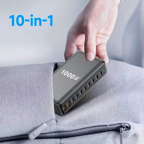 1000W USB-C GaN Charger 10-in-1 Charging Block with 4 * 140W PD + 4 * 100W PD + 2 * 20W USB Ports, Includes A 240W 3.3ft Data Cable, Laptop Wall Charger, Compatible with MacBook/iPhone 16/iPad, Etc., Compact Design.