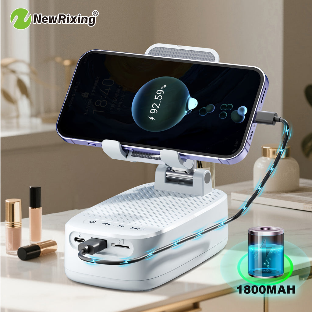 NewRixing 6W Wireless Speaker with Phone Holder, TWS Dual Pairing, 1800mAh Battery, Hands-Free Calling, Portable Power Bank, 6-Hour Playtime, Hi-Fi Sound Quality, Loud Stereo & Deep Bass, USB-C Charging, Indoor/Outdoor Use, Adjustable Stand, Durable