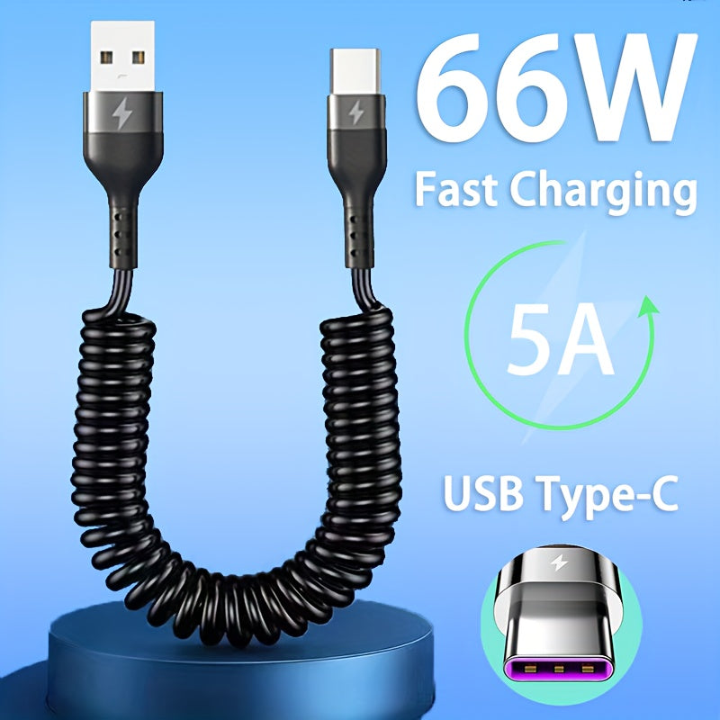 5A 66W USB to Type C Fast Charging Data Cable for Xiaomi Redmi POCO Huawei Honor Samsung OPPO VIVO Realme Mobile Phone Charger Accessories Car USB Charge Cable Spring Telescopic USB C Cord Max Stretch 39.37inch/59.06inch