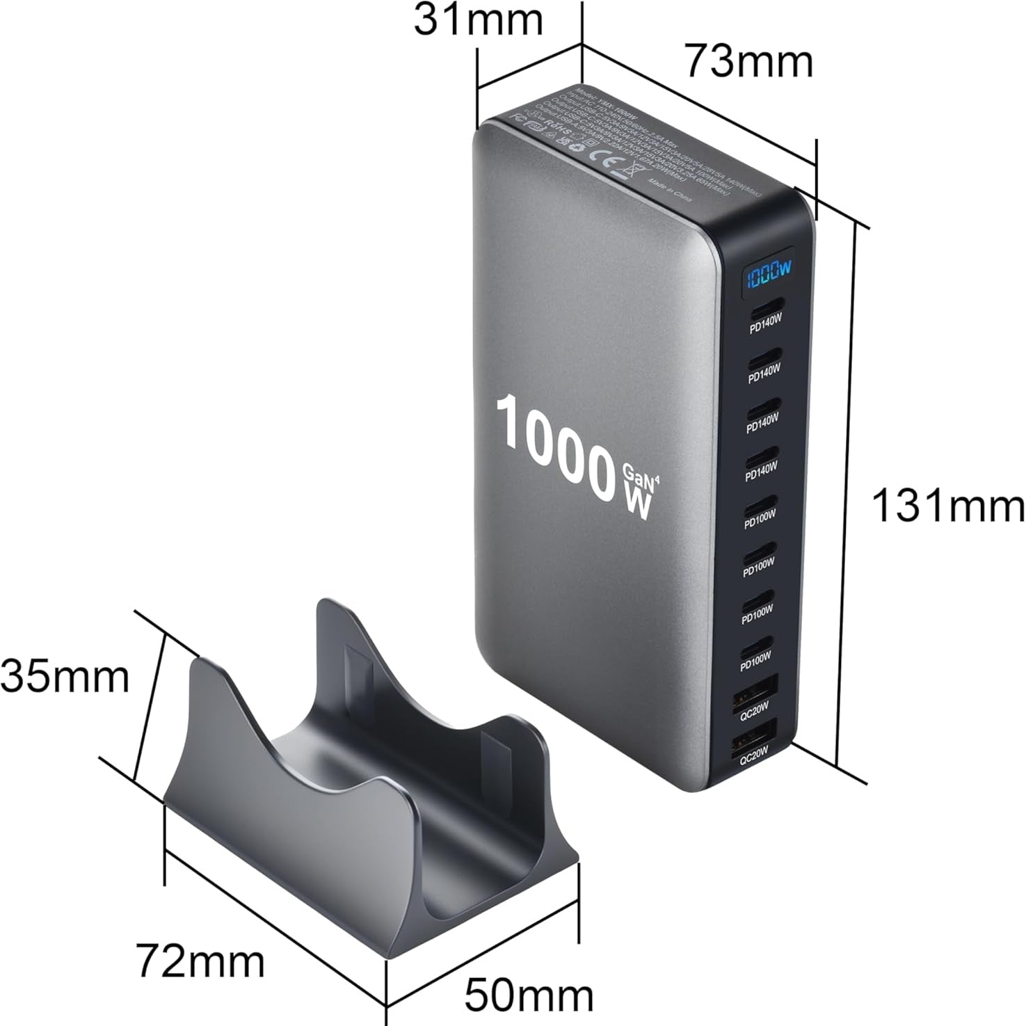 1000W USB-C GaN Charger 10-in-1 Charging Block with 4 * 140W PD + 4 * 100W PD + 2 * 20W USB Ports, Includes A 240W 3.3ft Data Cable, Laptop Wall Charger, Compatible with MacBook/iPhone 16/iPad, Etc., Compact Design.