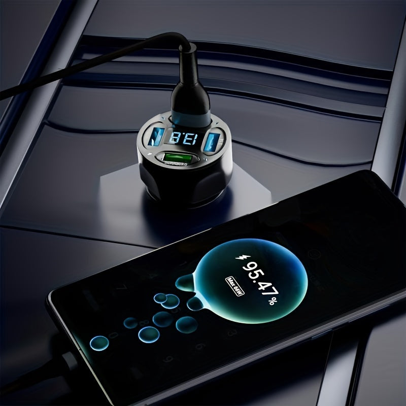 120W New Car Charger with Fast Charging, 4 USB Ports, Digital Display, Ambient Light, One-To-Four PD Phone Charging Head, 7A QC3.0 Car Phone Electronic Additions Adapter for Internal Car Components, Without Battery
