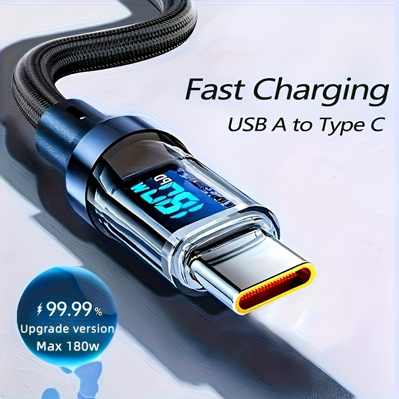 180W Super Fast Charging USB A To Type-C Cable With LED Digital Display, Matte Finish, Data Sync, USB Power Delivery, 6A High Current, Compatible With IPhone 15/16, Xiaomi, POCO, Samsung