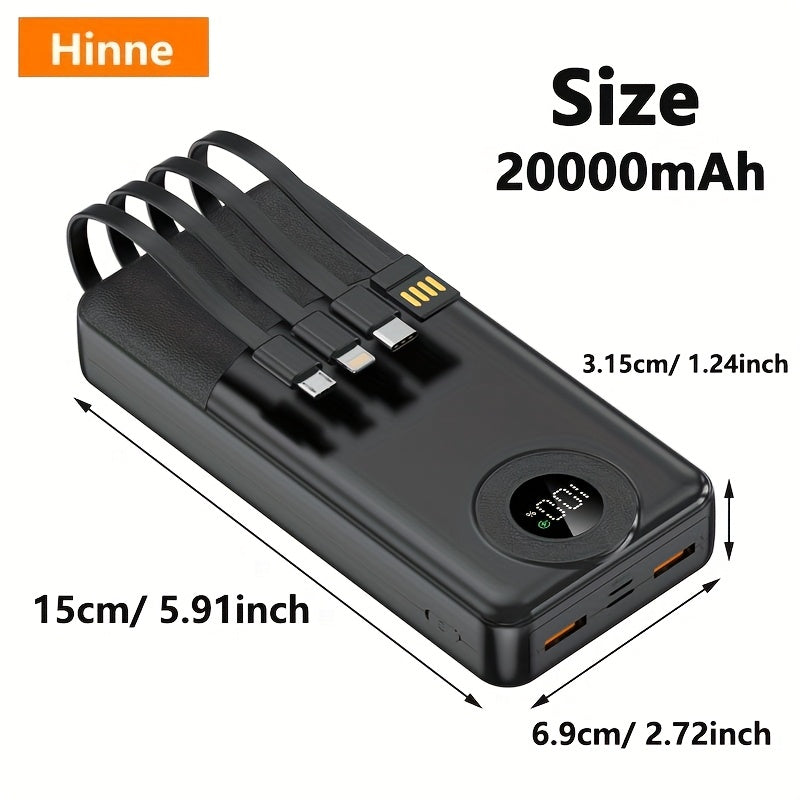 Hinne 10000/ 20000Mah Power Bank, Built-In 4-In-1 USB Type-C Cable, Universal Multi-Output Charger, Rechargeable Lithium Polymer Battery, Emergency Portable Charger