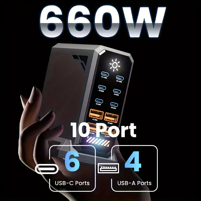 660W Fast Usb C Gan III Pro Charger Block | 10-Port Charging Station Dual 140W Pd3.1 Pps Fast Charging Suitable For Multiple Devices Including Laptops And Mobile Phones Compatible With Macbook Iphone 17 Pro Max Ipad Etc | The Perfect Christmas Gift
