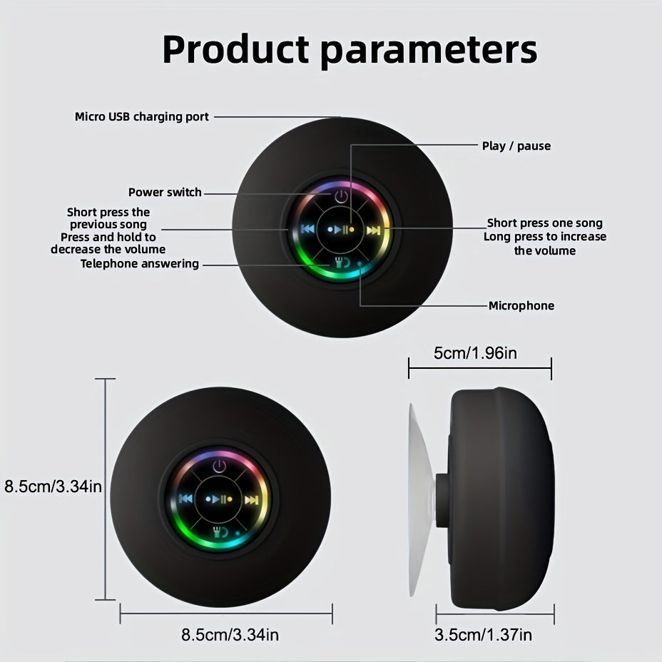 High Quality Speaker, Portable Wireless Speaker with Suction Cup, USB Rechargeable Black Speaker with 2 Hours Play Time 3.7V/400mAh Battery 5.0 Wireless Version Life for Parties, Bathroom, Travel, Home, And Outdoor (Suction Cups Must Be On A Smooth