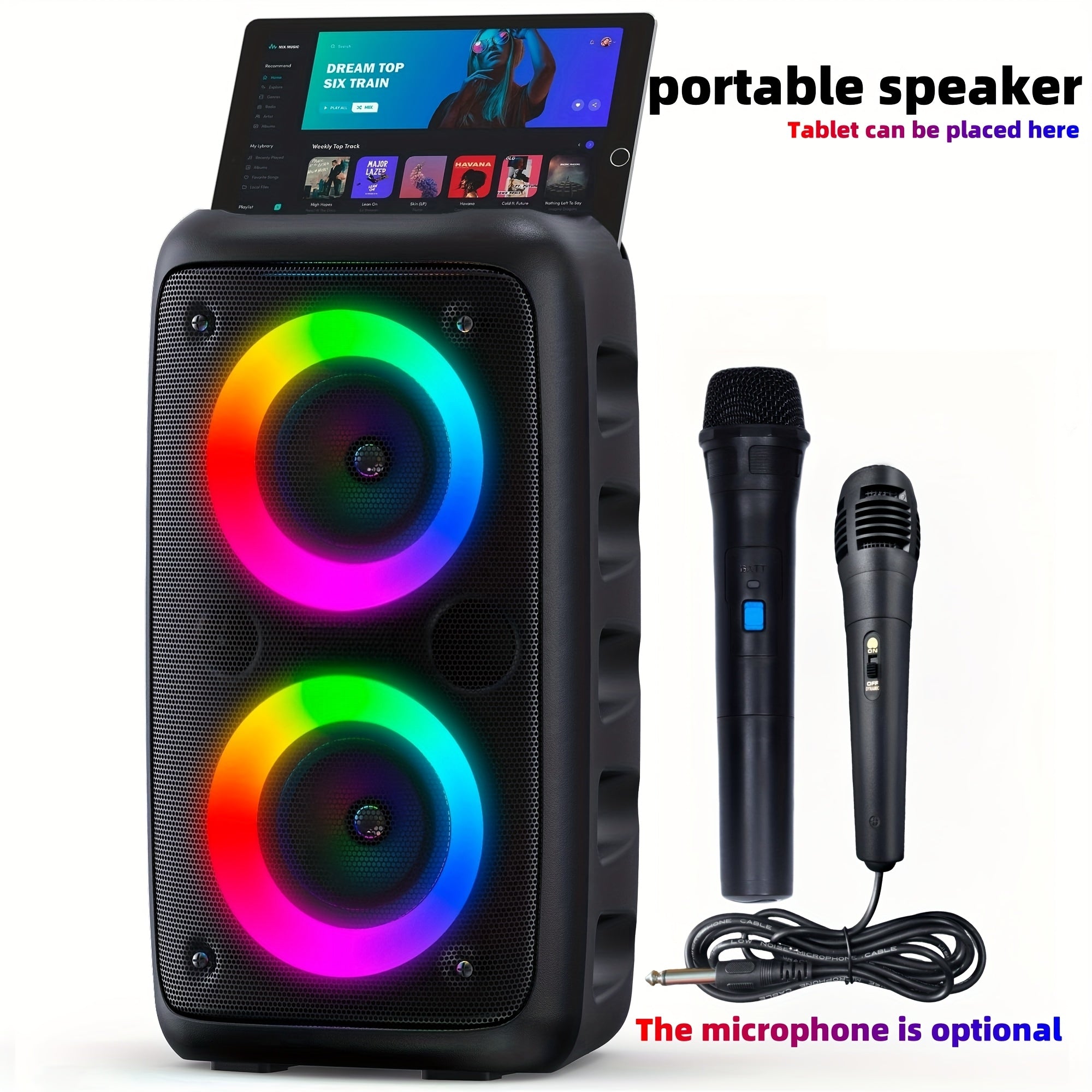 Karaoke Machine with 1 Wired Microphone or 1 Wired Microphone + 1 Wireless Microphone, Portable Adult Speaker, PA System Karaoke Speaker with LED Lights, Supports TF Card/USB, AUX Input, TWS, Suitable for Parties