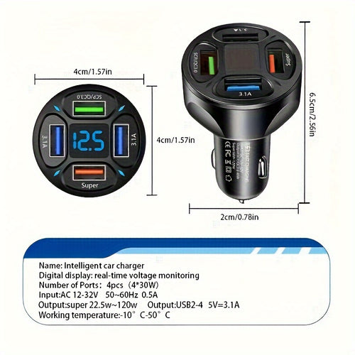 120W New Car Charger with Fast Charging, 4 USB Ports, Digital Display, Ambient Light, One-To-Four PD Phone Charging Head, 7A QC3.0 Car Phone Electronic Additions Adapter for Internal Car Components, Without Battery
