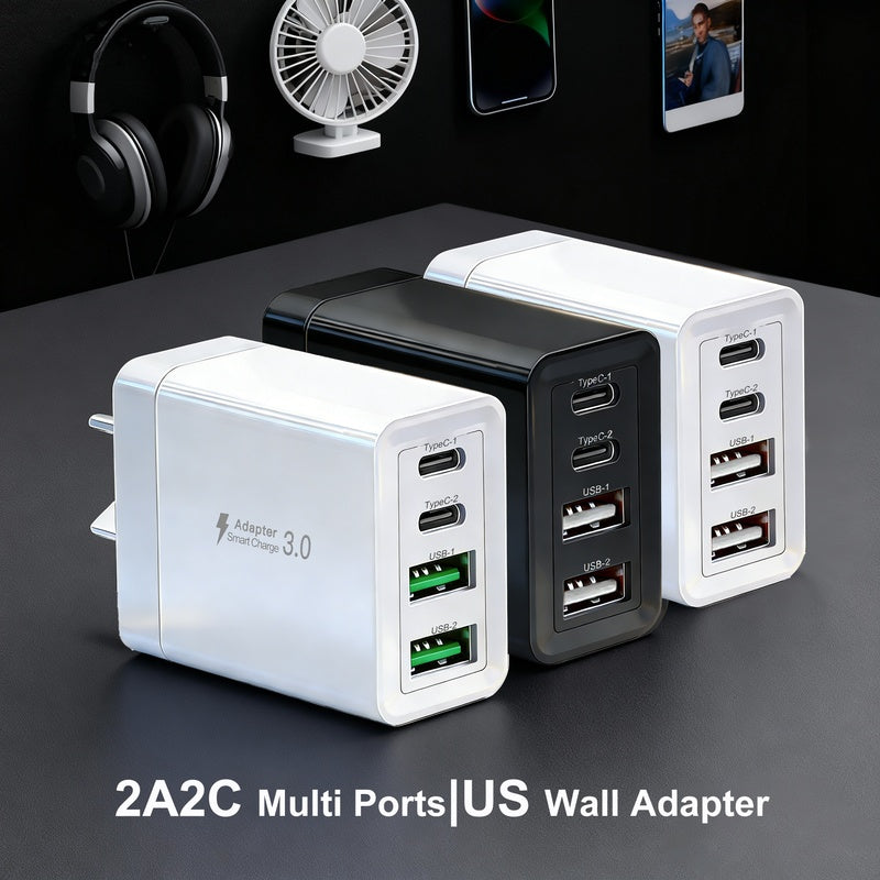 10W Fast 2USB-A+2USB-C Charging Block US Power Adapter for iPhone 17/12/13/11 Series, Galaxy, Tablets & Earphones