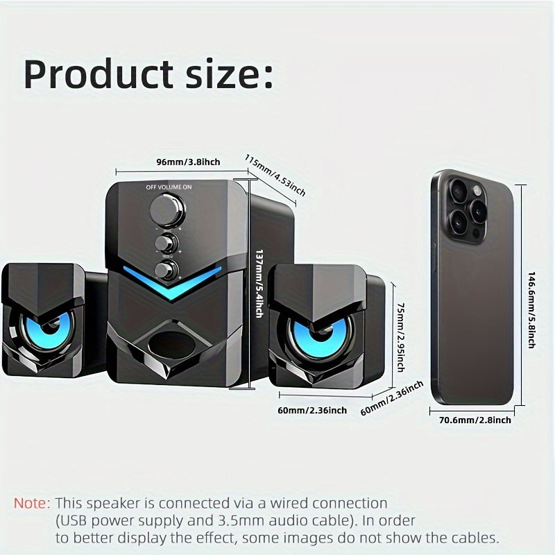 Computer Speakers, Desktop PC Speakers, Laptop Speakers, Desktop Stereo Speakers, Wired Connection, USB Powered, with 3.5mm Audio Jack, LED Ambient Lighting, 2.1 Channel, Suitable for Devices with 3.5mm Audio Jack, Such As: Computers, Tablets