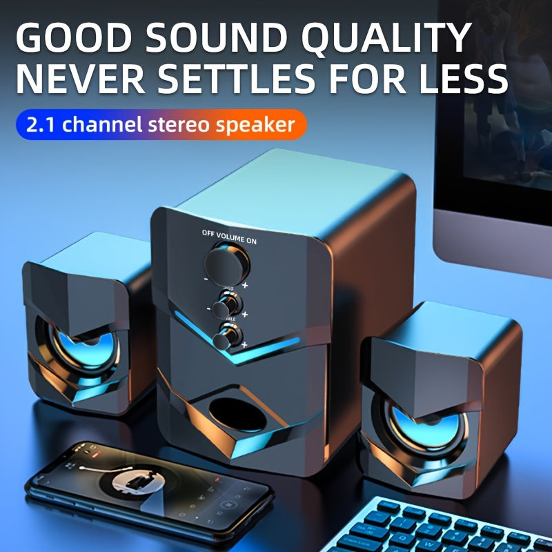 Computer Speakers, Desktop PC Speakers, Laptop Speakers, Desktop Stereo Speakers, Wired Connection, USB Powered, with 3.5mm Audio Jack, LED Ambient Lighting, 2.1 Channel, Suitable for Devices with 3.5mm Audio Jack, Such As: Computers, Tablets