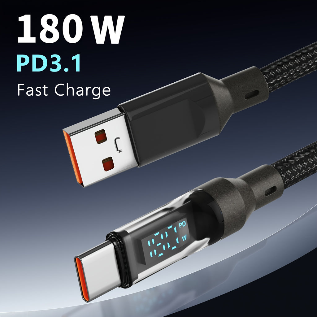 180W Super Fast Charging USB A To Type-C Cable With LED Digital Display, Matte Finish, Data Sync, USB Power Delivery, 6A High Current, Compatible With IPhone 15/16, Xiaomi, POCO, Samsung