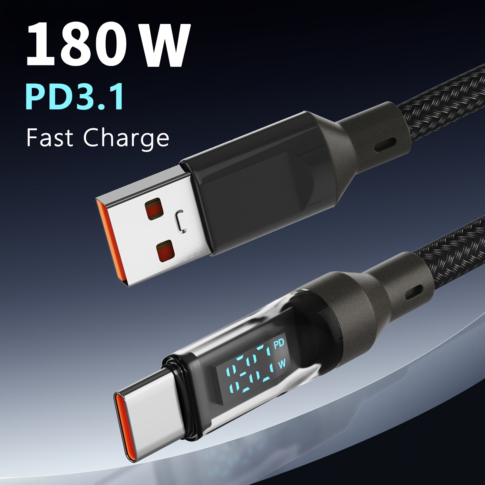 180W Super Fast Charging USB A To Type-C Cable With LED Digital Display, Matte Finish, Data Sync, USB Power Delivery, 6A High Current, Compatible With IPhone 15/16, Xiaomi, POCO, Samsung