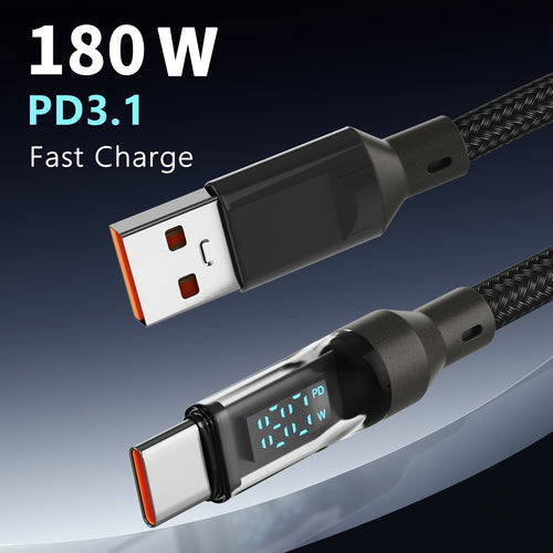 180W Super Fast Charging USB A To Type-C Cable With LED Digital Display, Matte Finish, Data Sync, USB Power Delivery, 6A High Current, Compatible With IPhone 15/16, Xiaomi, POCO, Samsung