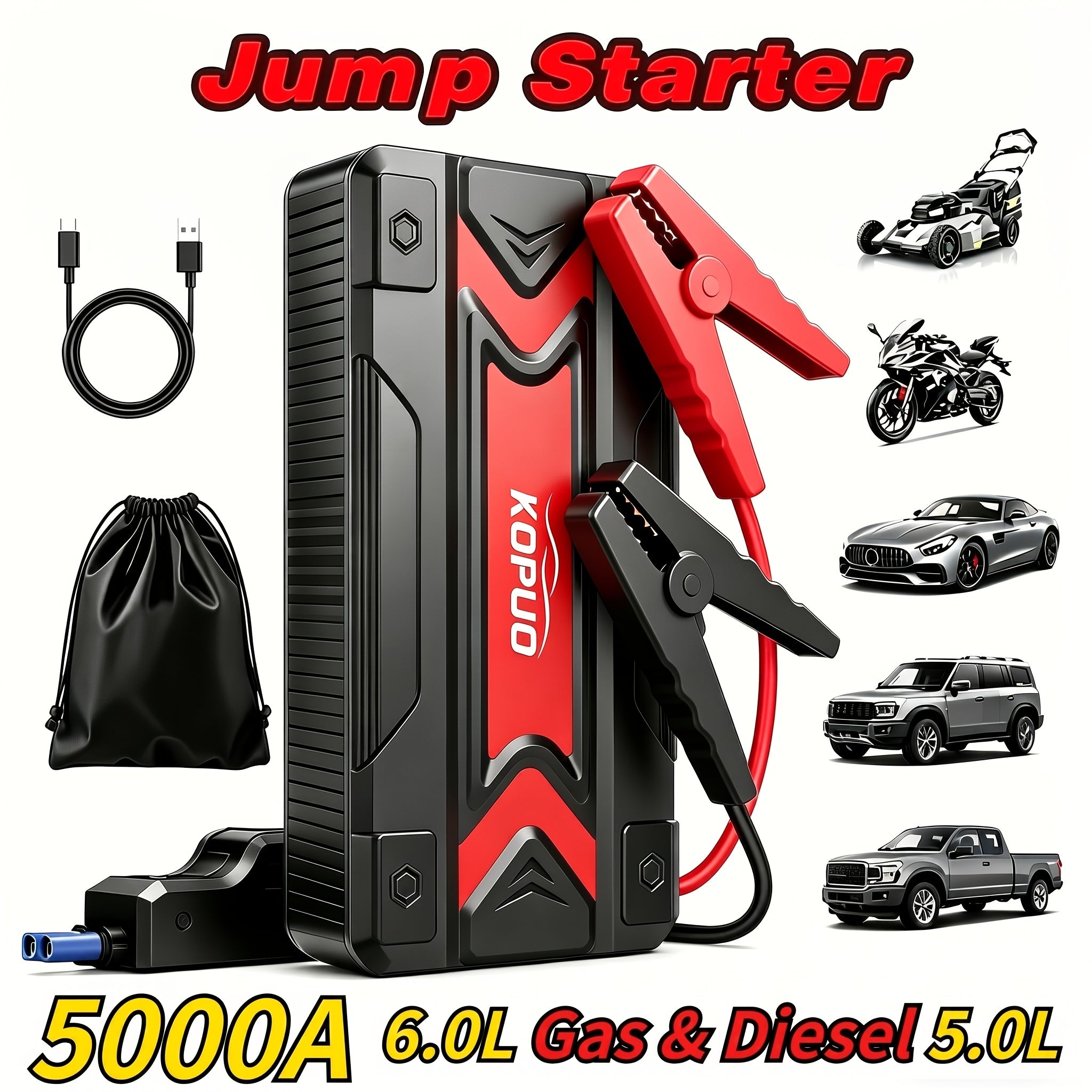 Portable Car Jump Starter Emergency Power Bank - 12V Battery Booster Charger - with Flashlight - for Cars, Motorcycles, SUVs - Safely Jump-Start A Dead Battery In Seconds, Cargador De Bateria De Carro, Christmas Gifts, Black Friday, New Year's Gifts