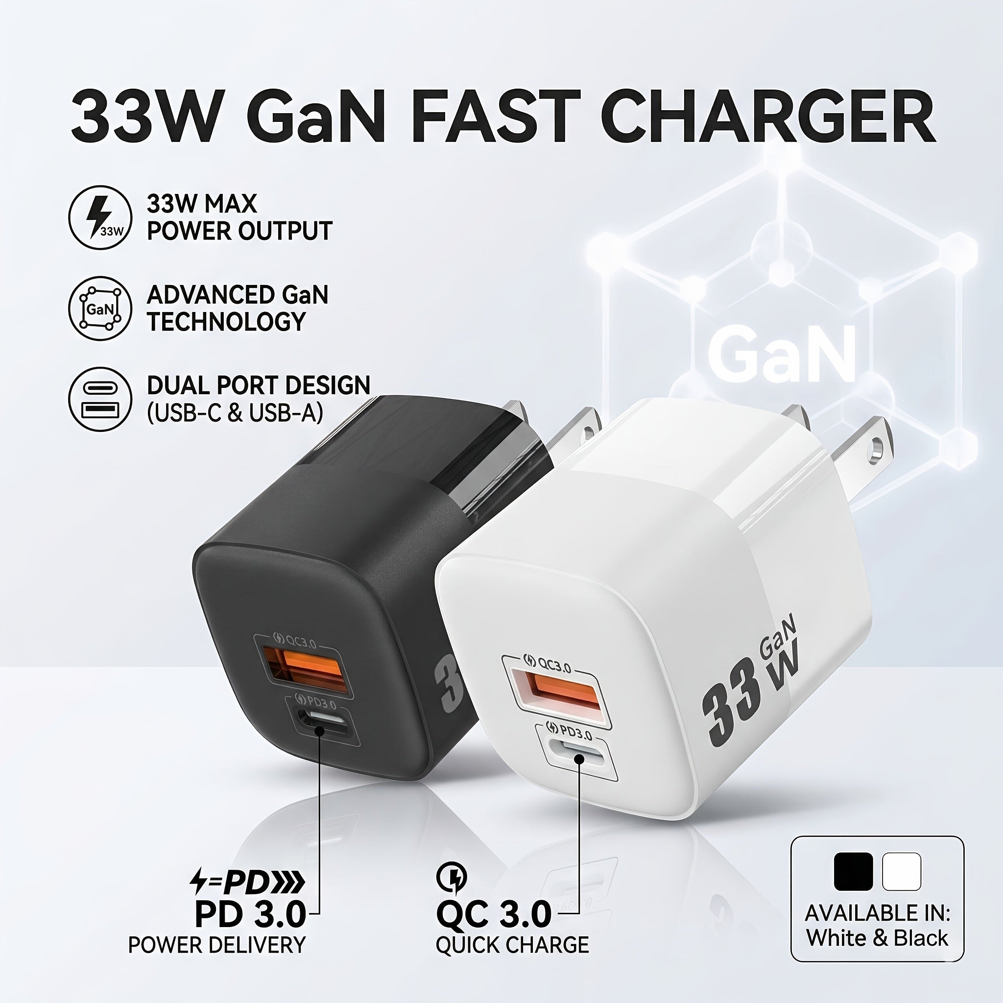 33W GAN Fast Charger, USB-A And USB-C Dual Ports, for Iphone, for Samsung, for Huawei, for Xiaomi, for Honor Laptops, for Tablets And Various Electronic Devices