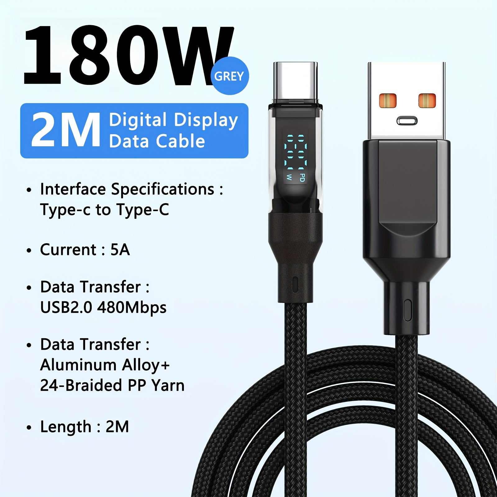 180W Super Fast Charging USB A To Type-C Cable With LED Digital Display, Matte Finish, Data Sync, USB Power Delivery, 6A High Current, Compatible With IPhone 15/16, Xiaomi, POCO, Samsung