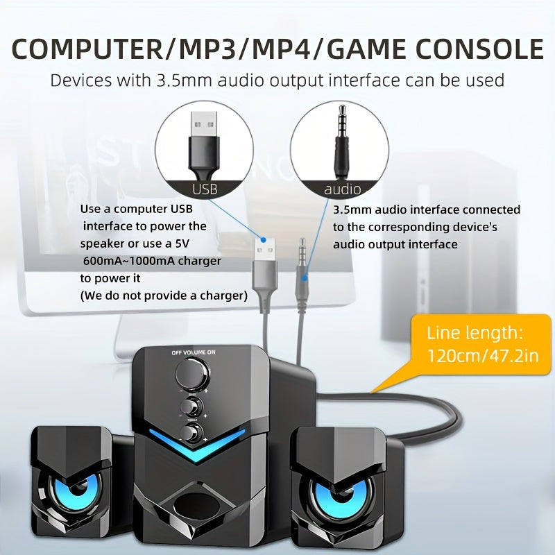 Computer Speakers, Desktop PC Speakers, Laptop Speakers, Desktop Stereo Speakers, Wired Connection, USB Powered, with 3.5mm Audio Jack, LED Ambient Lighting, 2.1 Channel, Suitable for Devices with 3.5mm Audio Jack, Such As: Computers, Tablets