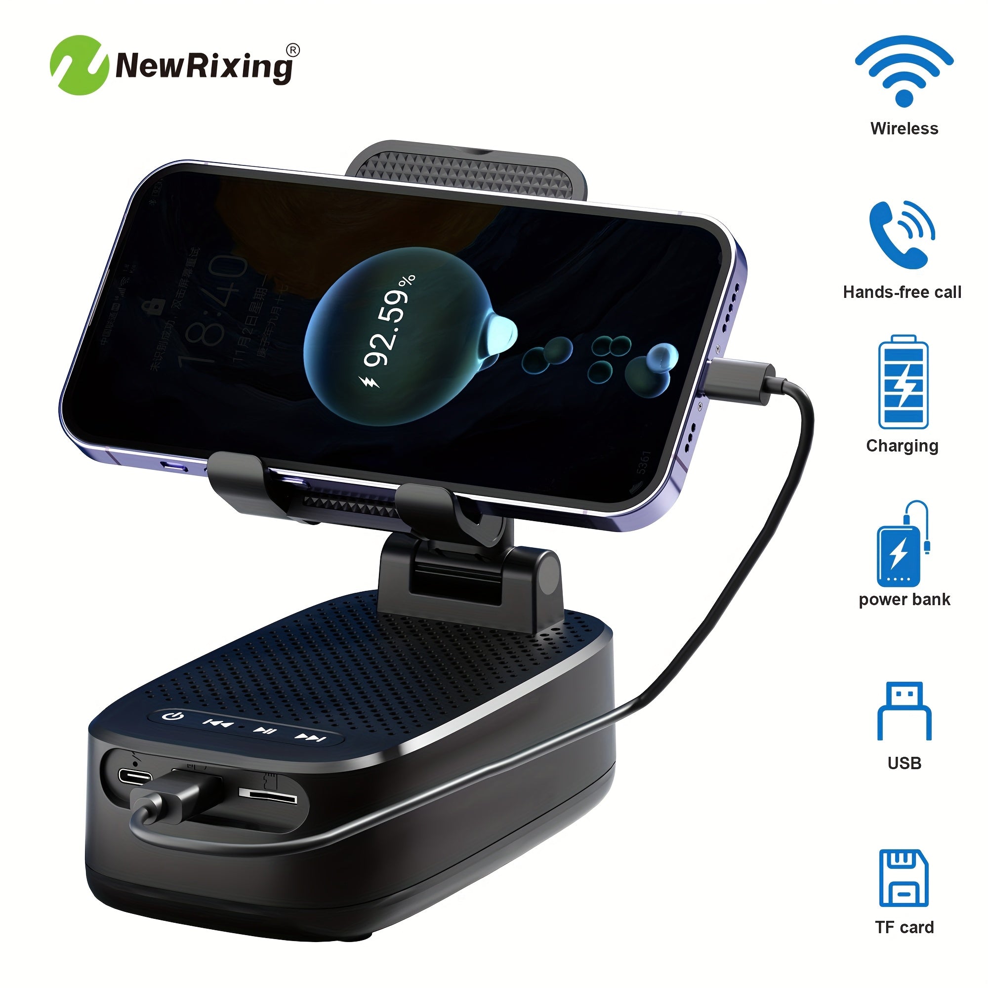 NewRixing 6W Wireless Speaker with Phone Holder, TWS Dual Pairing, 1800mAh Battery, Hands-Free Calling, Portable Power Bank, 6-Hour Playtime, Hi-Fi Sound Quality, Loud Stereo & Deep Bass, USB-C Charging, Indoor/Outdoor Use, Adjustable Stand, Durable